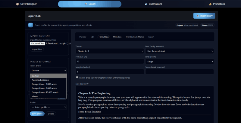 Indie Writer export for submission